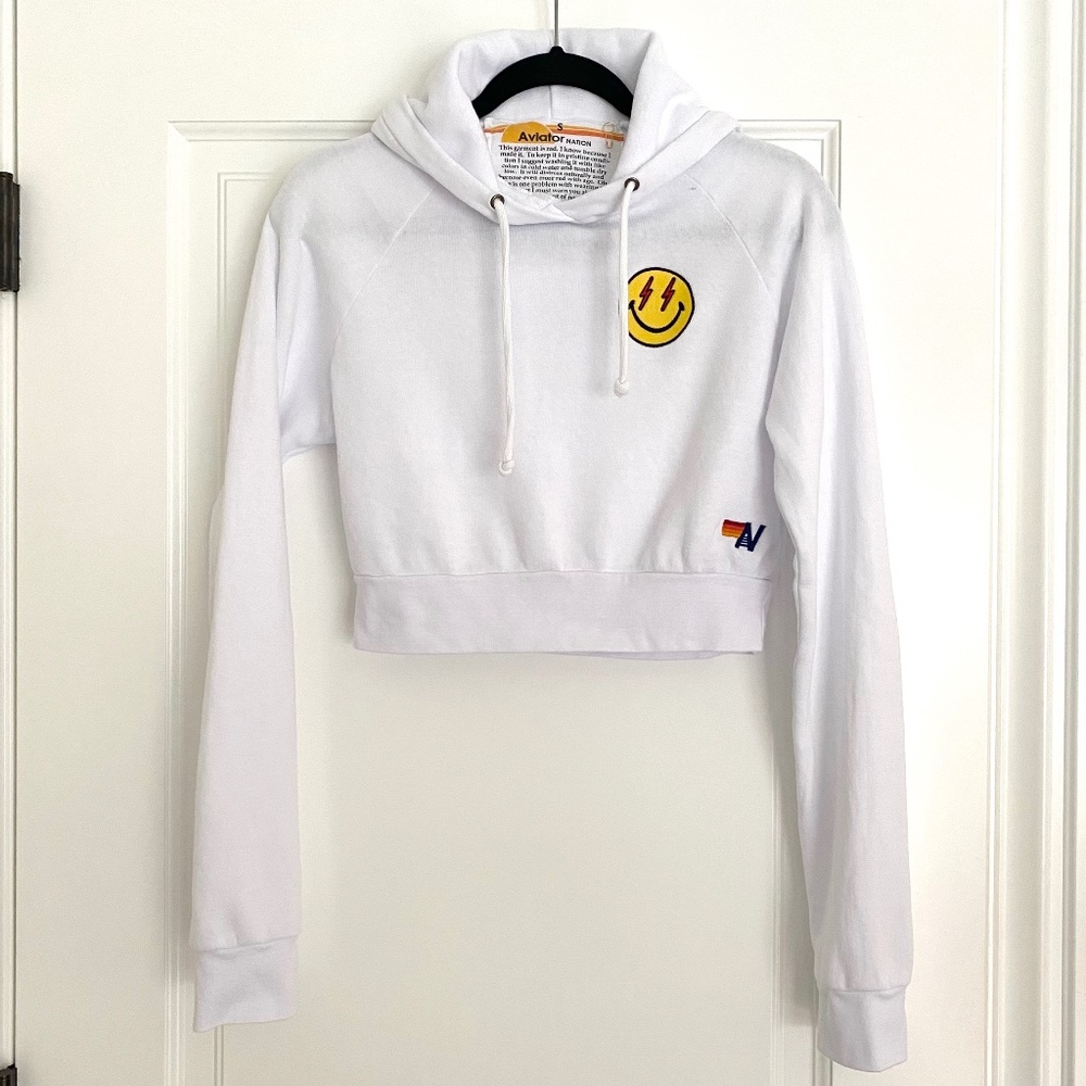 Aviator Nation Smiley Bolt Eyes Cropped Hoodie Sweatshirt - S